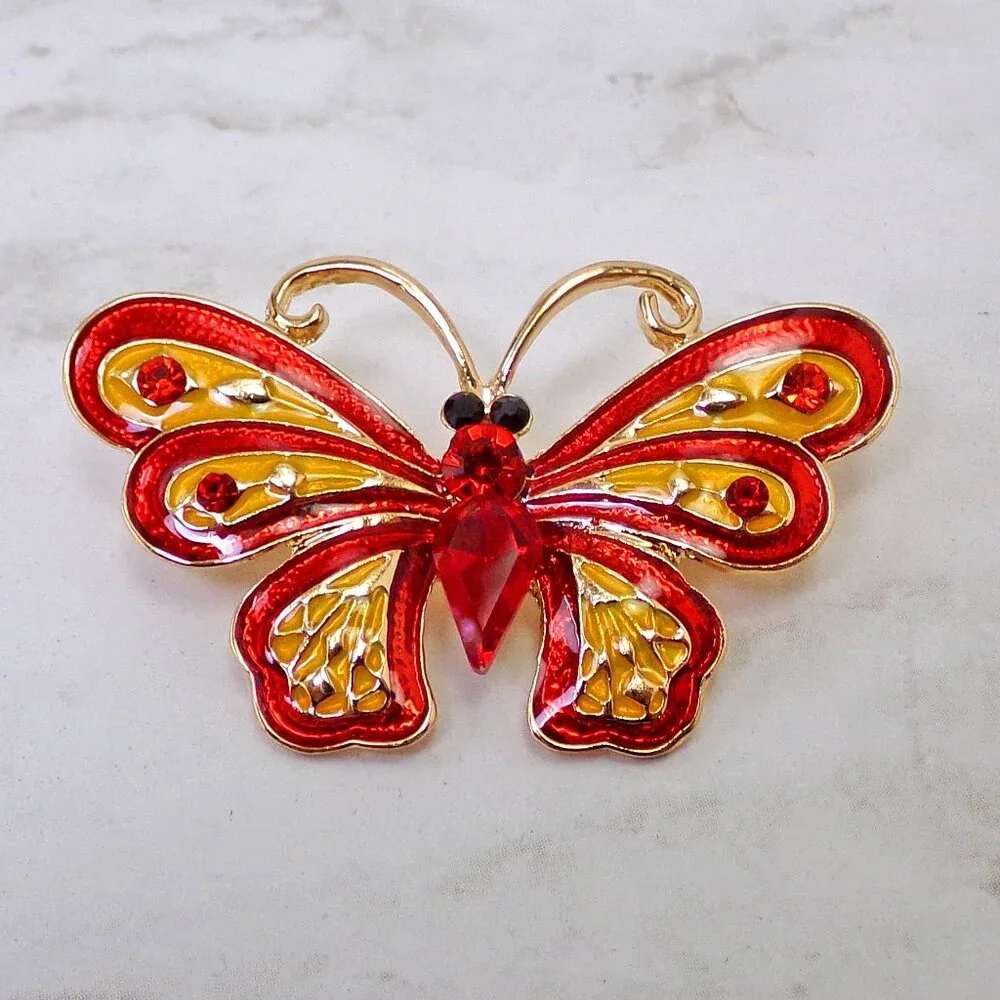 Butterfly brooch pin with red crystals and red and yellow color enamel - Picture 4 of 6